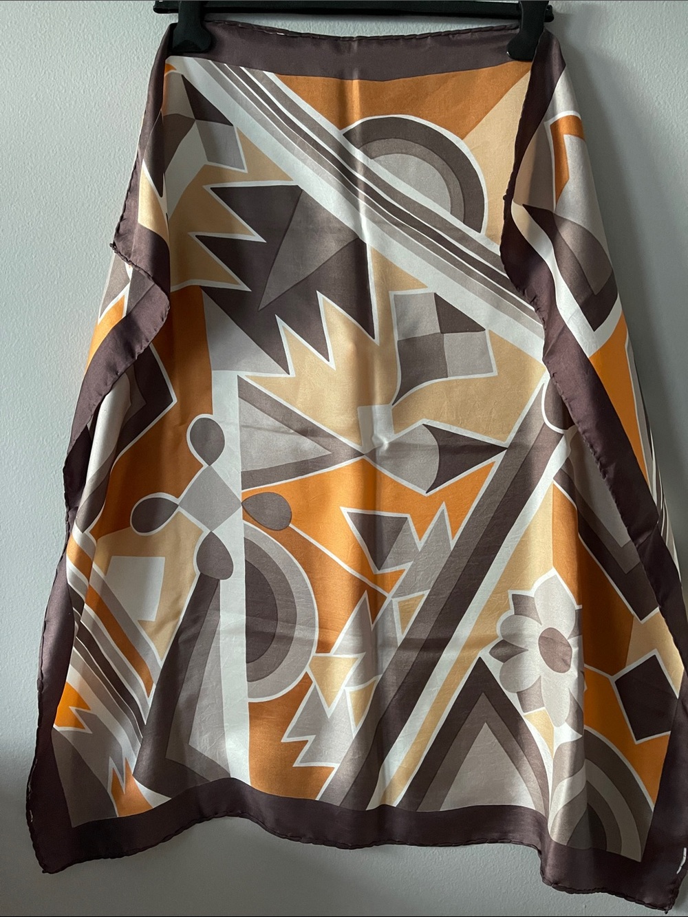 Geometric Print Silk Scarf in Orange and Brown